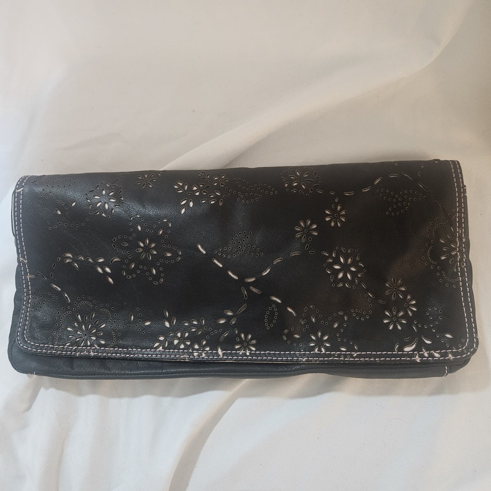 Sigrid Olsen Black Leather Floral Laser Cut Perforated Foldover Clutch Shoulder